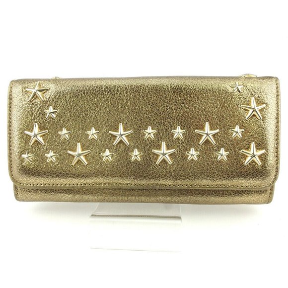 JIMMY CHOO Wallet star studded beige leather Auth used L2962
